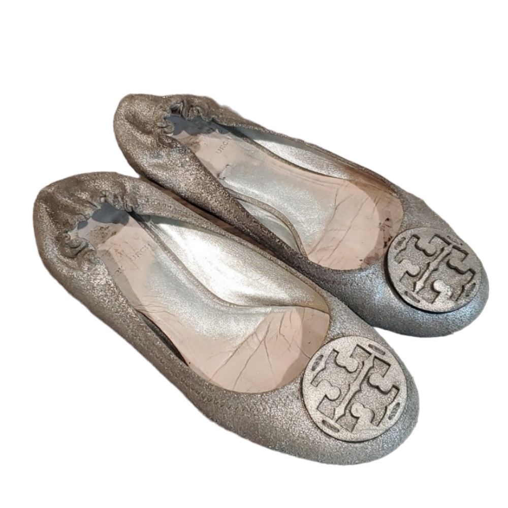 Tory Burch logo Reva Loafer ballet shoes sz 6M Metallic glitter leather